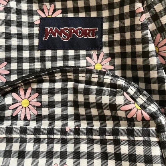Jansport Black and White Checkered Backpack with Pink Floral Accents - Picture 2 of 5
